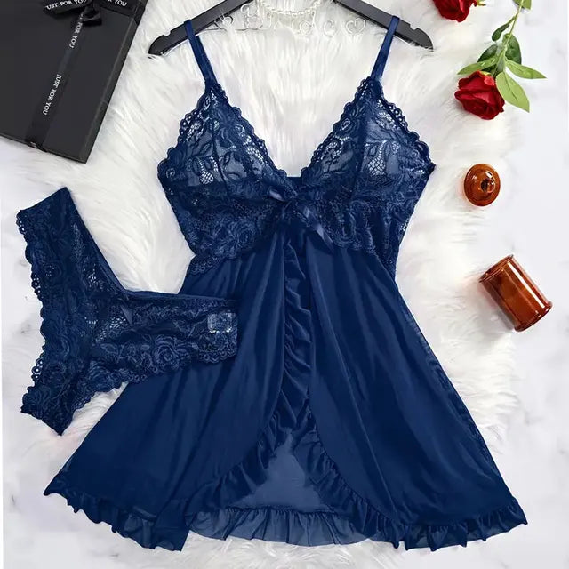 Ultra Sexy Tulle Nightgown Set – Sheer V-Neck Bra & Open Sleep Skirt Lingerie for Women