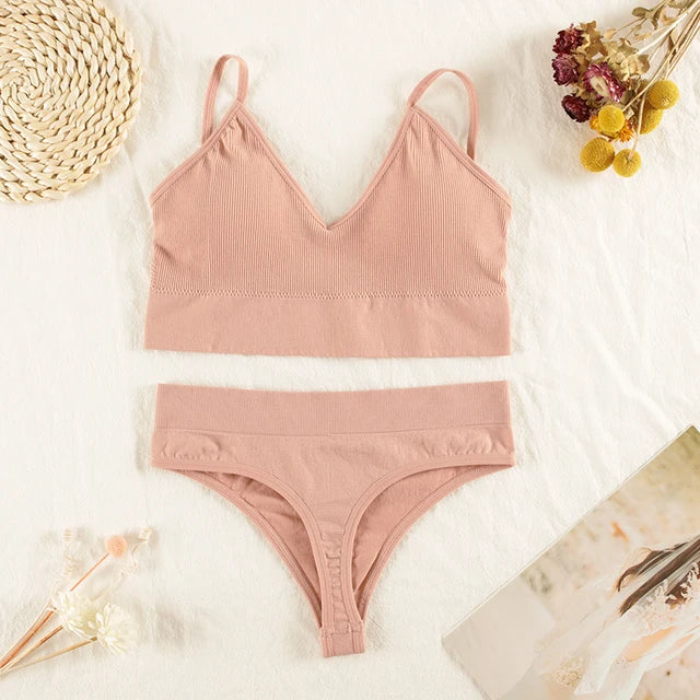 Seamless Wireless Lingerie Set – Sexy G-String & Crop Tank Bra for Women