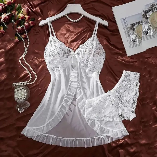 Ultra Sexy Tulle Nightgown Set – Sheer V-Neck Bra & Open Sleep Skirt Lingerie for Women
