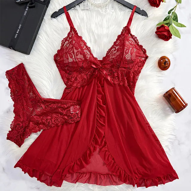 Ultra Sexy Tulle Nightgown Set – Sheer V-Neck Bra & Open Sleep Skirt Lingerie for Women