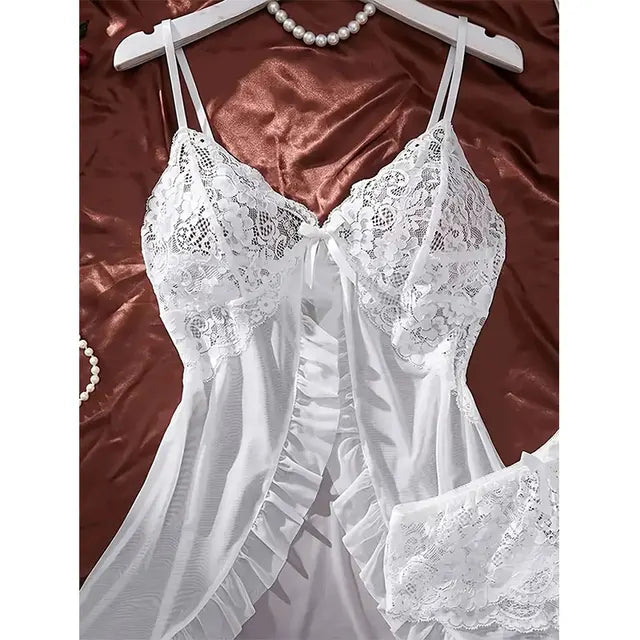 Ultra Sexy Tulle Nightgown Set – Sheer V-Neck Bra & Open Sleep Skirt Lingerie for Women