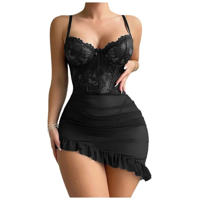 Delicate See-Through Lace Lingerie Set – Transparent Underwire Bra & Fairy Nightdress Pajama Set