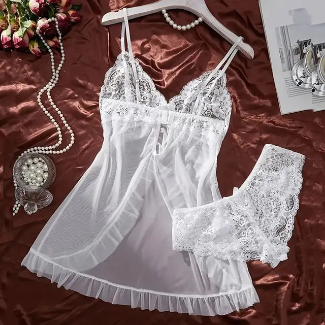 Ultra Sexy Tulle Nightgown Set – Sheer V-Neck Bra & Open Sleep Skirt Lingerie for Women